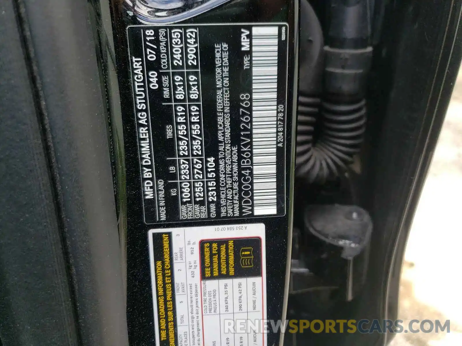 10 Photograph of a damaged car WDC0G4JB6KV126768 MERCEDES-BENZ G CLASS 2019