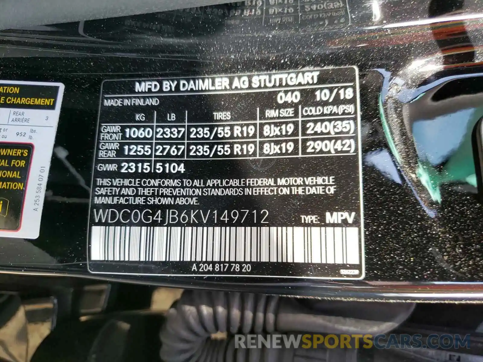 10 Photograph of a damaged car WDC0G4JB6KV149712 MERCEDES-BENZ G CLASS 2019