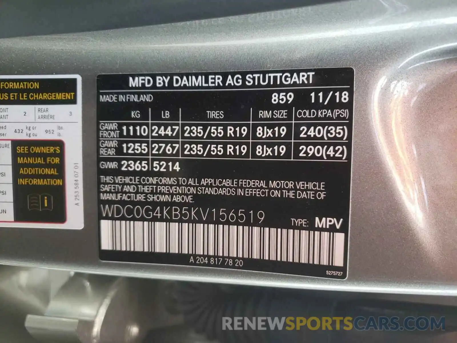 10 Photograph of a damaged car WDC0G4KB5KV156519 MERCEDES-BENZ G CLASS 2019