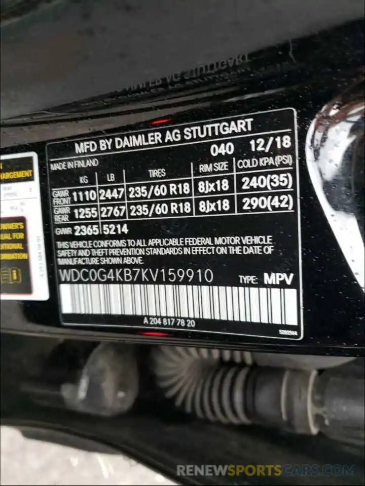 10 Photograph of a damaged car WDC0G4KB7KV159910 MERCEDES-BENZ G CLASS 2019