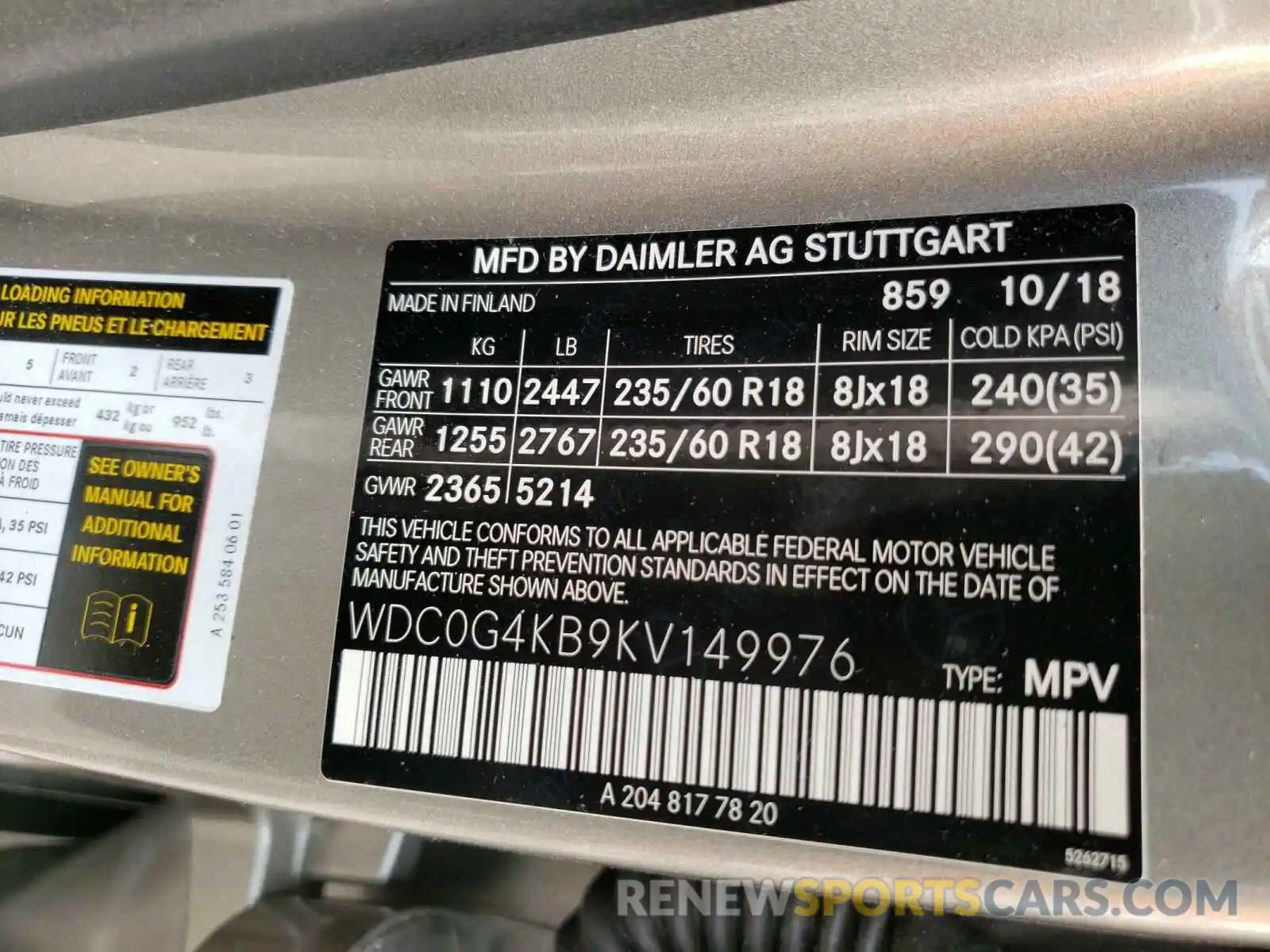 10 Photograph of a damaged car WDC0G4KB9KV149976 MERCEDES-BENZ G CLASS 2019