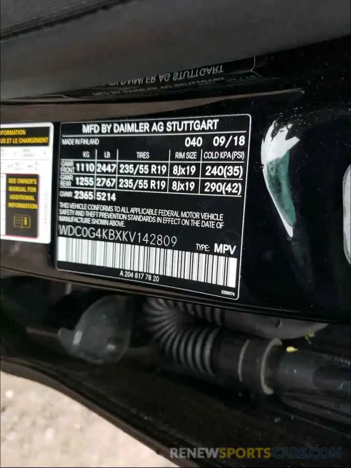 10 Photograph of a damaged car WDC0G4KBXKV142809 MERCEDES-BENZ G CLASS 2019