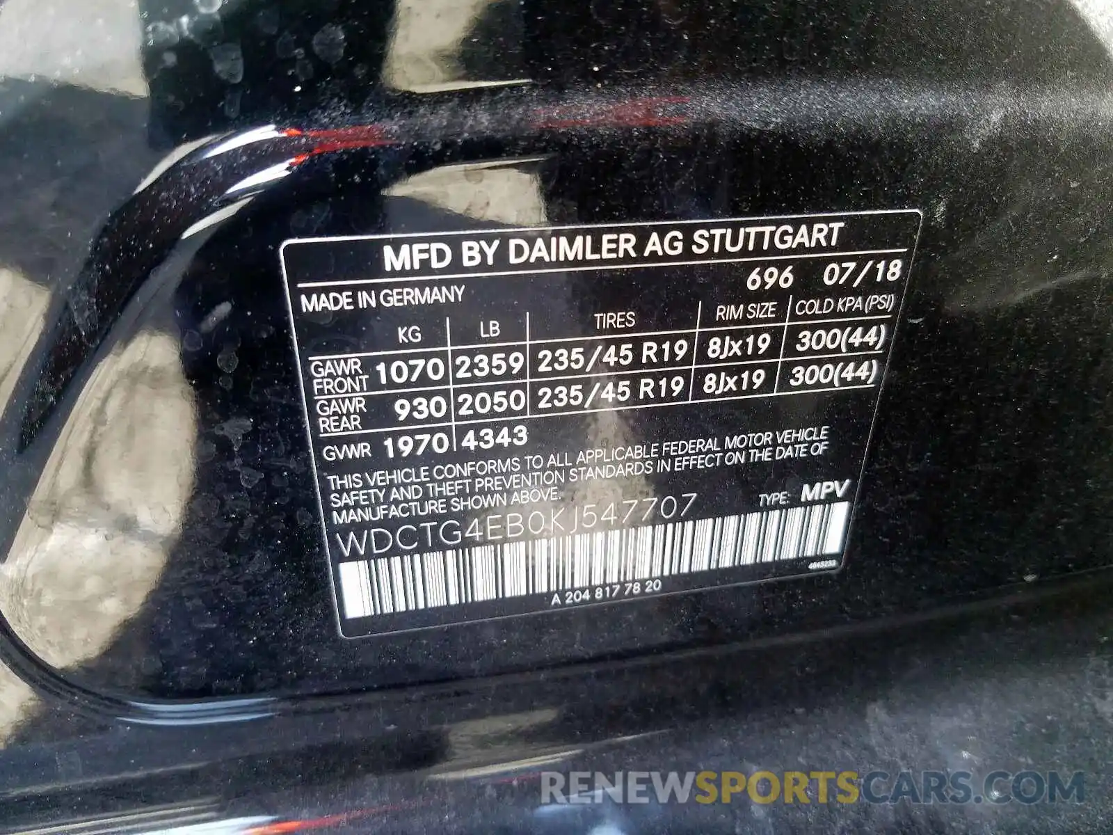 10 Photograph of a damaged car WDCTG4EB0KJ547707 MERCEDES-BENZ G CLASS 2019