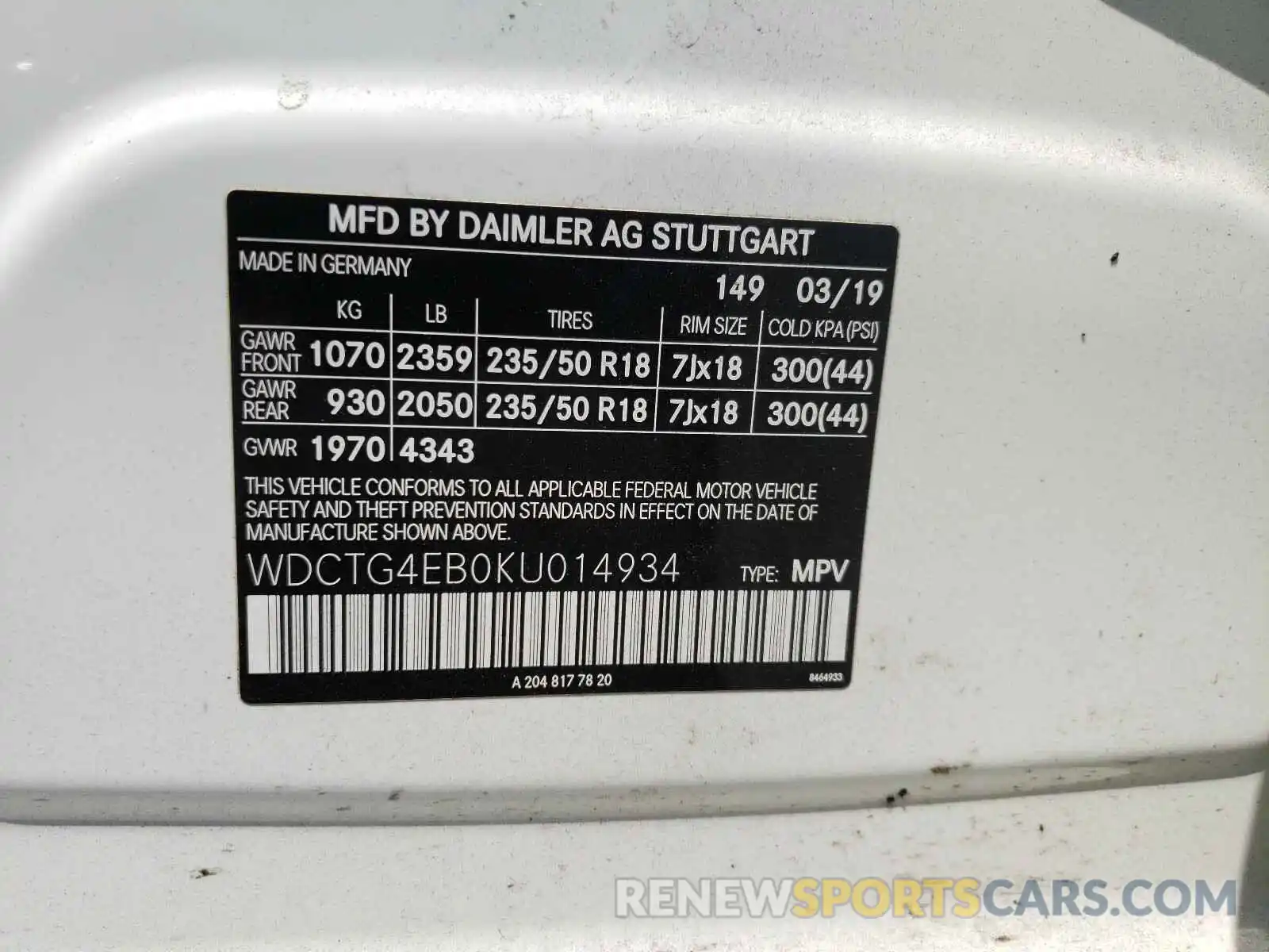 10 Photograph of a damaged car WDCTG4EB0KU014934 MERCEDES-BENZ G CLASS 2019