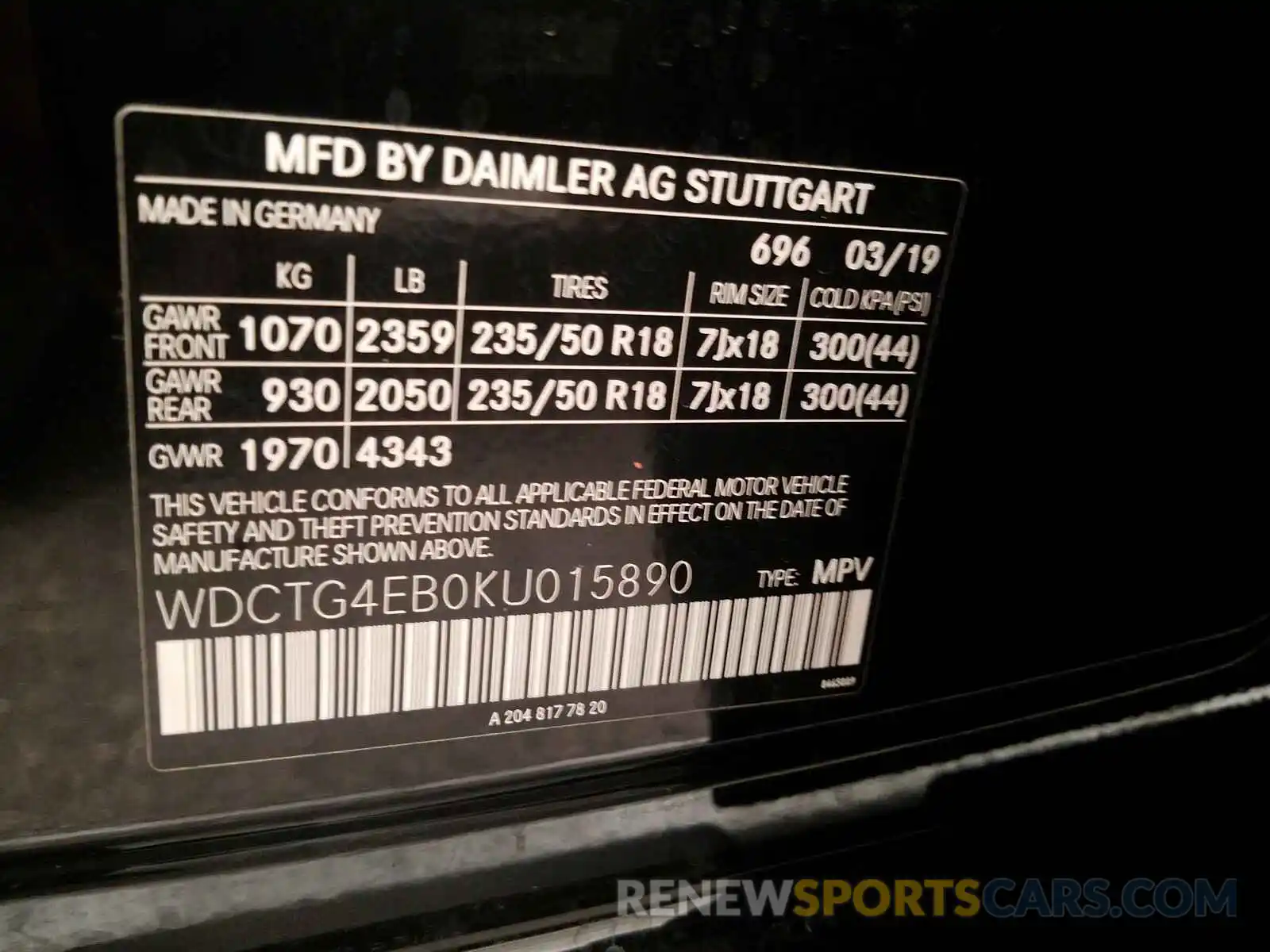 10 Фотография поврежденного автомобиля WDCTG4EB0KU015890 MERCEDES-BENZ G CLASS 2019