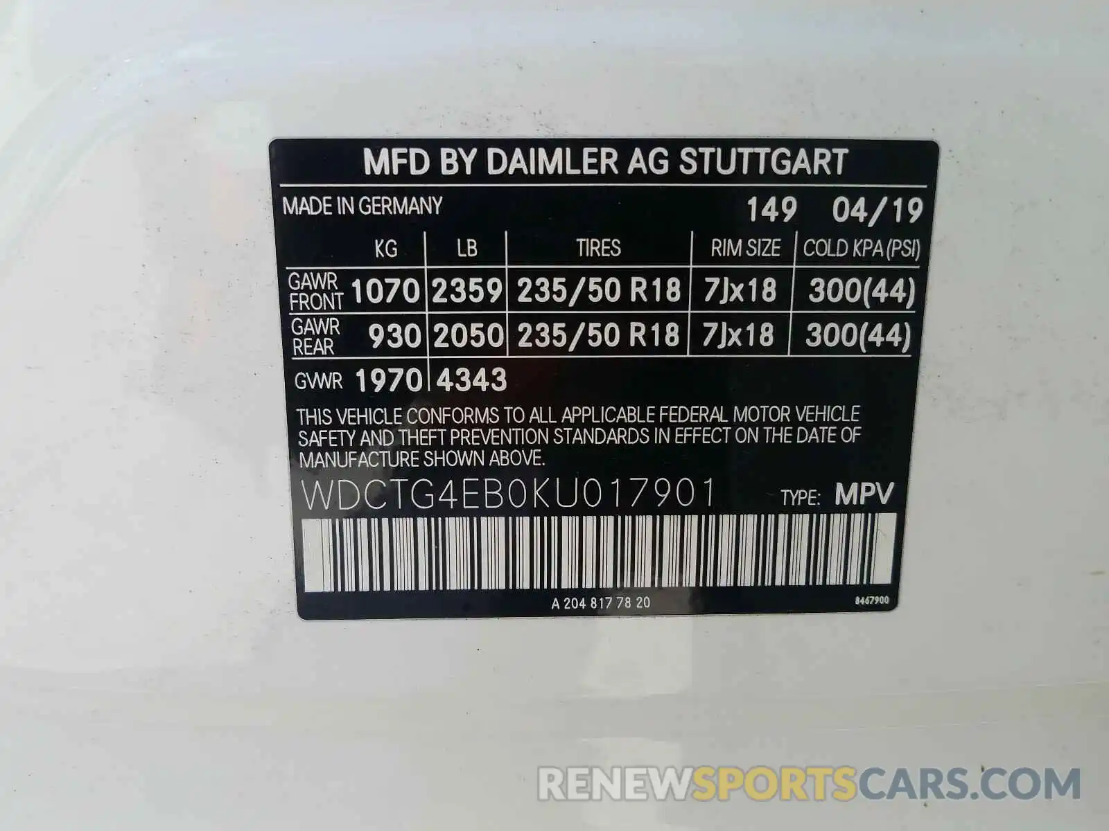 10 Photograph of a damaged car WDCTG4EB0KU017901 MERCEDES-BENZ G CLASS 2019