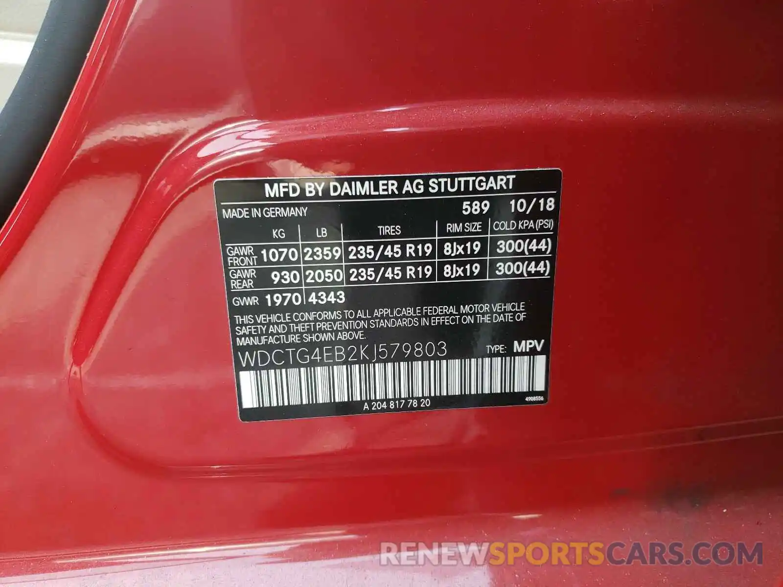 10 Photograph of a damaged car WDCTG4EB2KJ579803 MERCEDES-BENZ G CLASS 2019