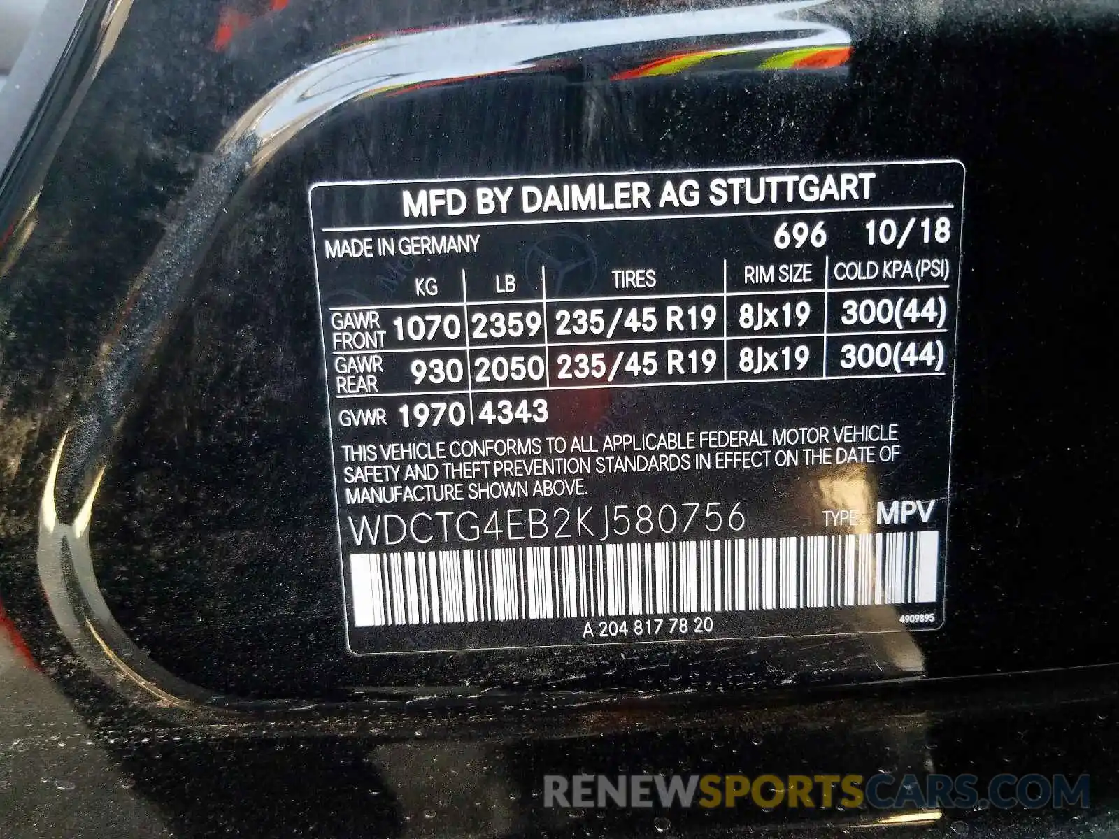 10 Photograph of a damaged car WDCTG4EB2KJ580756 MERCEDES-BENZ G CLASS 2019