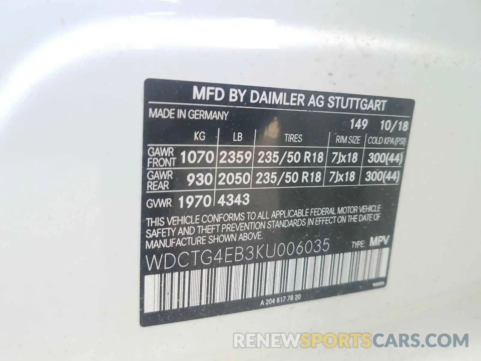 10 Photograph of a damaged car WDCTG4EB3KU006035 MERCEDES-BENZ G CLASS 2019