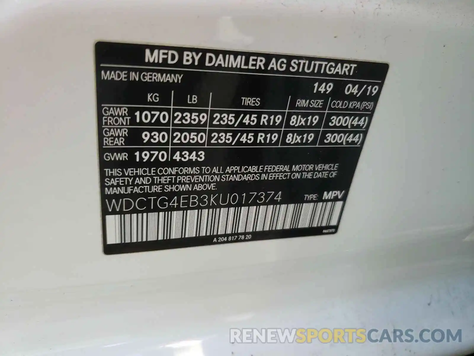 10 Photograph of a damaged car WDCTG4EB3KU017374 MERCEDES-BENZ G CLASS 2019