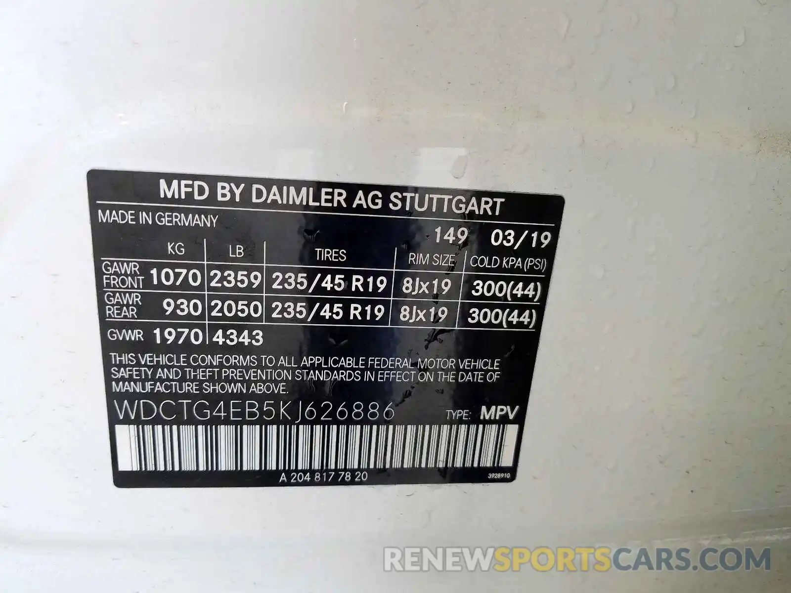 10 Photograph of a damaged car WDCTG4EB5KJ626886 MERCEDES-BENZ G CLASS 2019