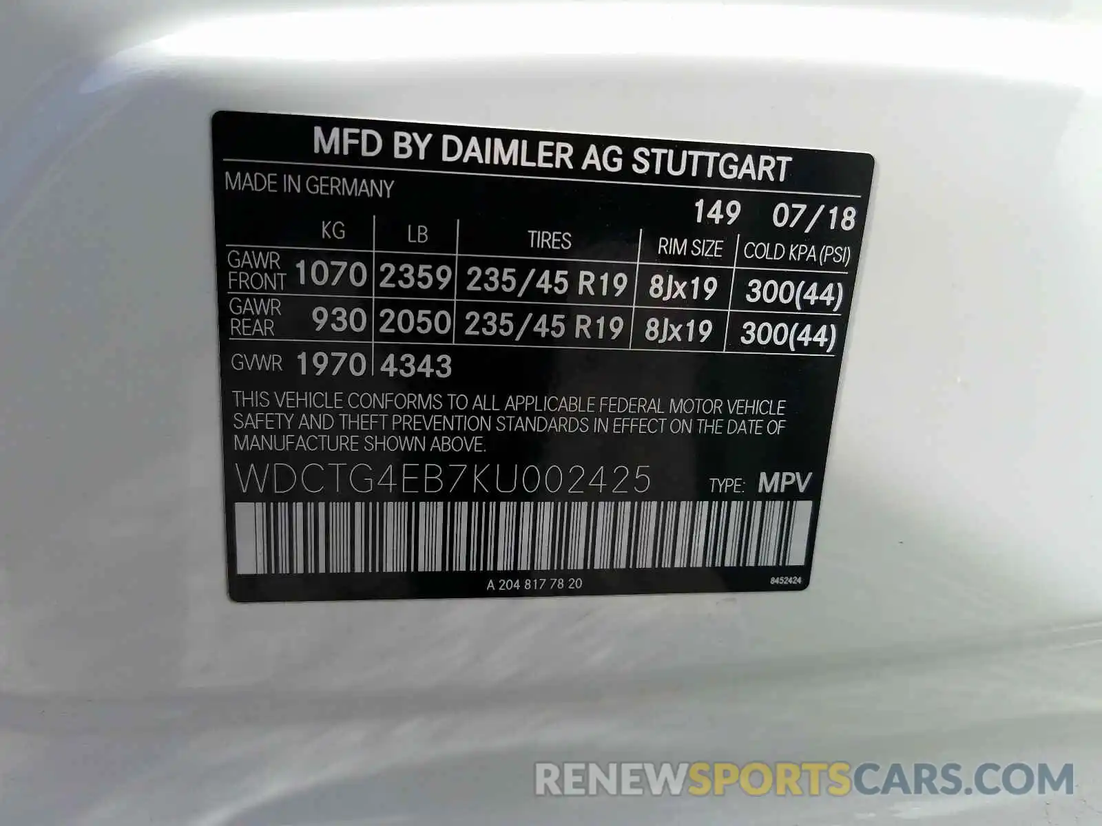 10 Photograph of a damaged car WDCTG4EB7KU002425 MERCEDES-BENZ G CLASS 2019