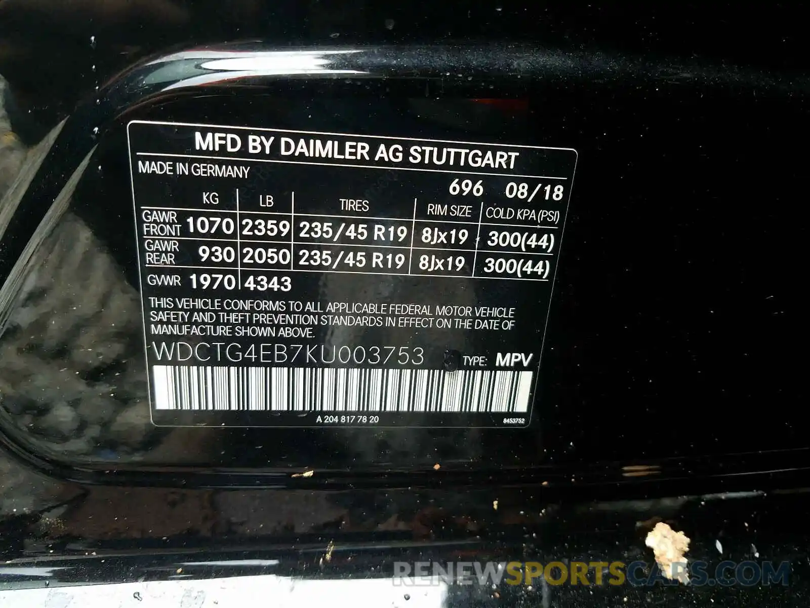 10 Photograph of a damaged car WDCTG4EB7KU003753 MERCEDES-BENZ G CLASS 2019