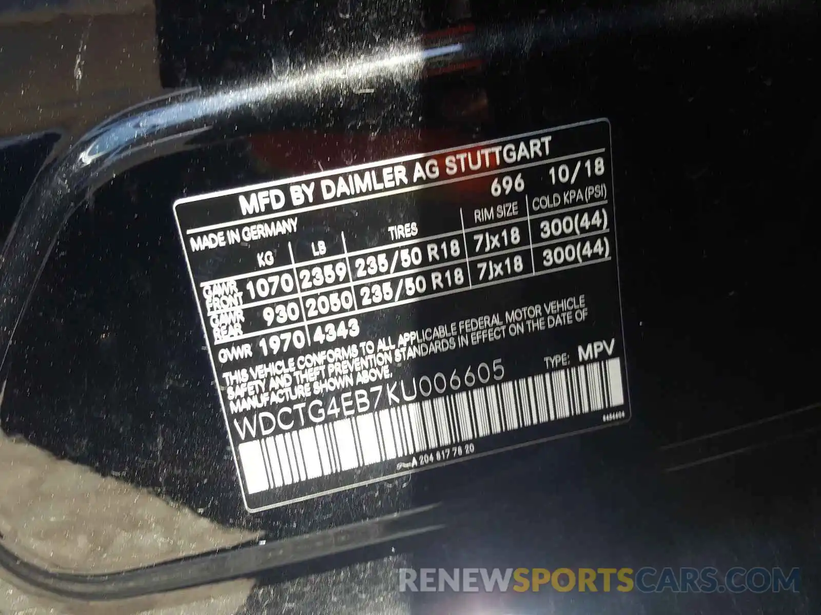 10 Photograph of a damaged car WDCTG4EB7KU006605 MERCEDES-BENZ G CLASS 2019