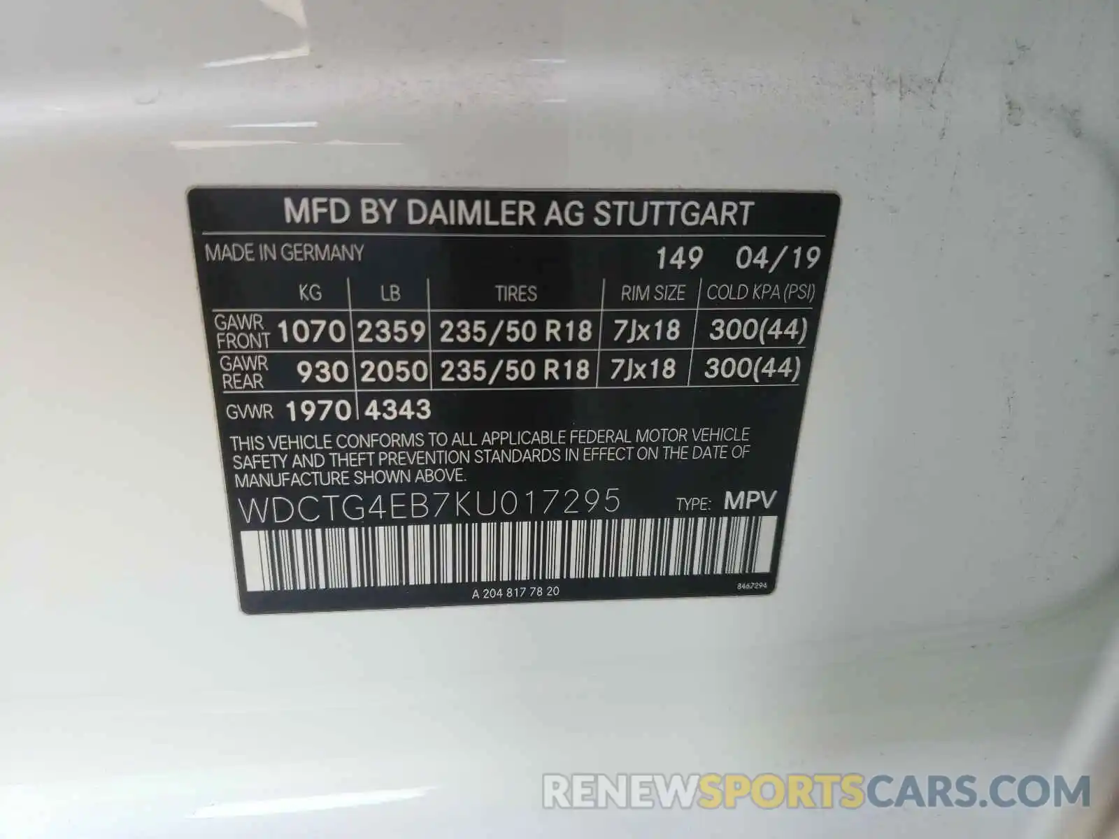 10 Photograph of a damaged car WDCTG4EB7KU017295 MERCEDES-BENZ G CLASS 2019