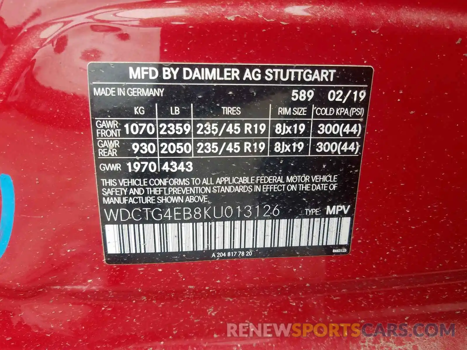 10 Photograph of a damaged car WDCTG4EB8KU013126 MERCEDES-BENZ G CLASS 2019