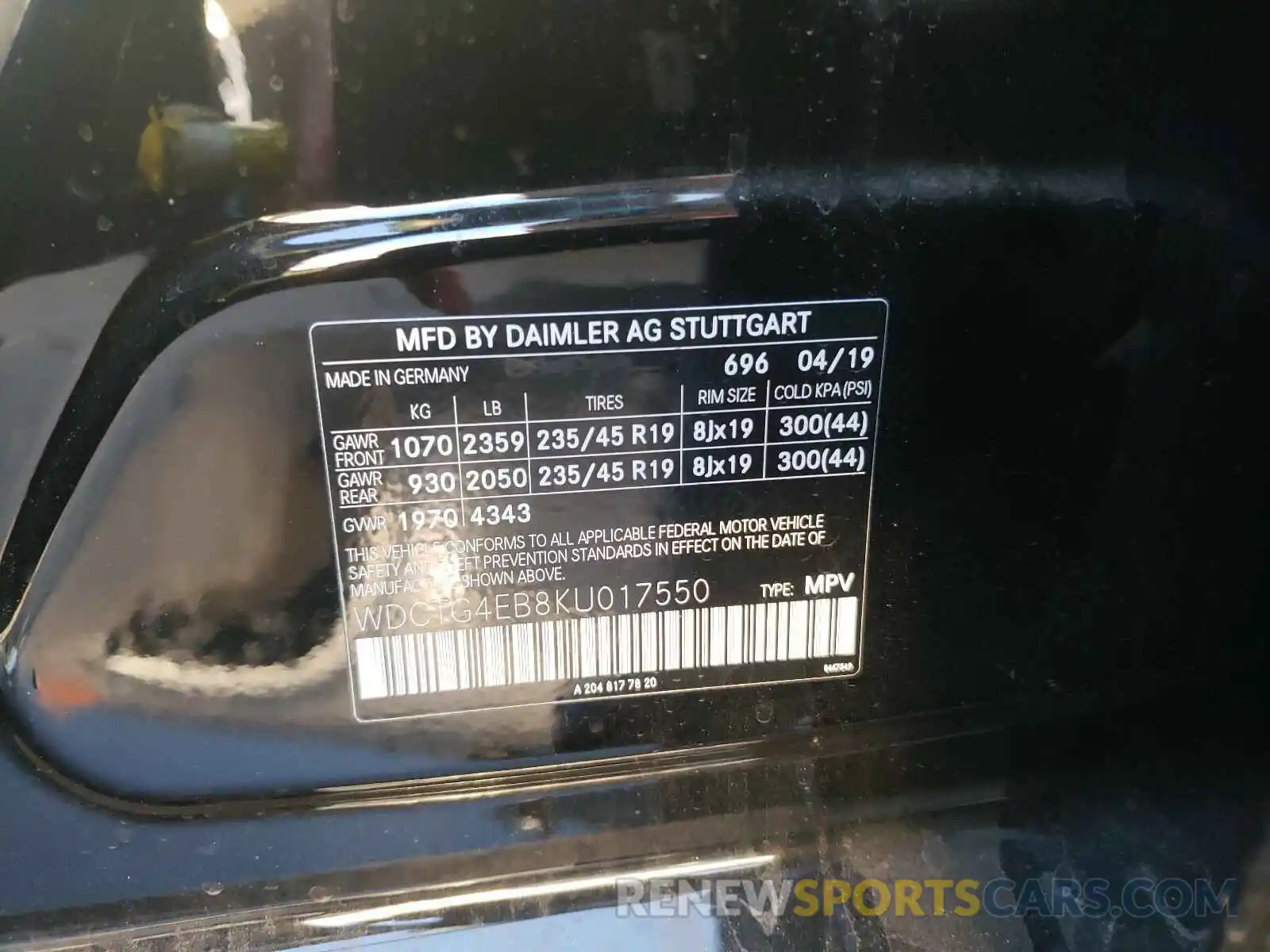 10 Photograph of a damaged car WDCTG4EB8KU017550 MERCEDES-BENZ G CLASS 2019