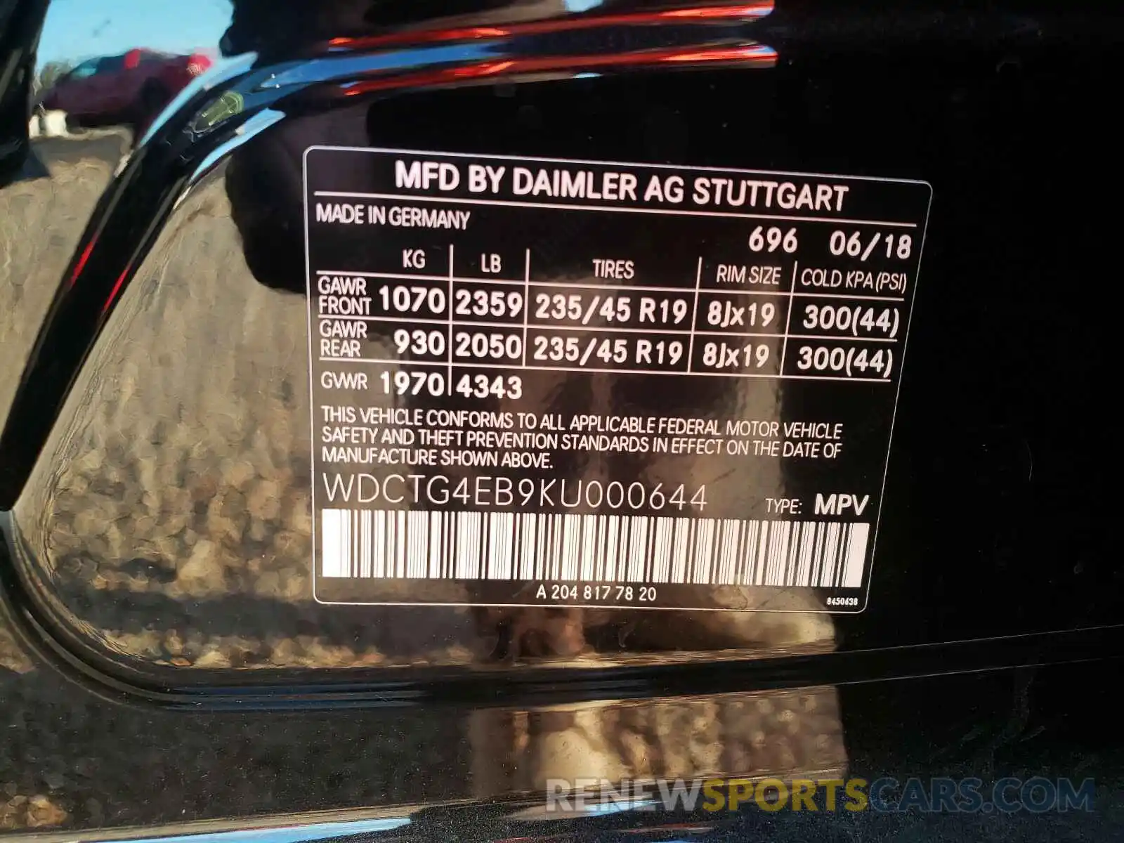 10 Photograph of a damaged car WDCTG4EB9KU000644 MERCEDES-BENZ G CLASS 2019