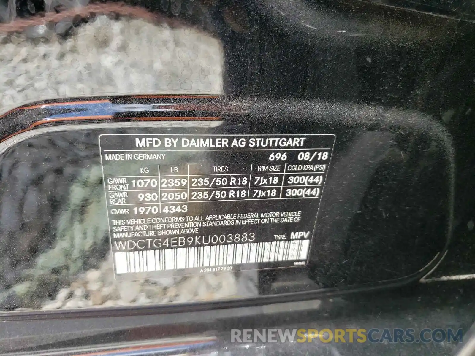 10 Photograph of a damaged car WDCTG4EB9KU003883 MERCEDES-BENZ G CLASS 2019