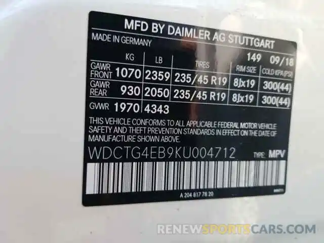 9 Фотография поврежденного автомобиля WDCTG4EB9KU004712 MERCEDES-BENZ G CLASS 2019