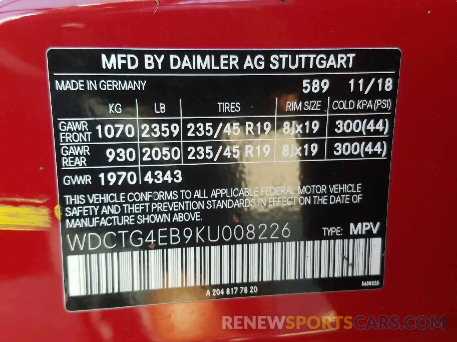 10 Photograph of a damaged car WDCTG4EB9KU008226 MERCEDES-BENZ G CLASS 2019