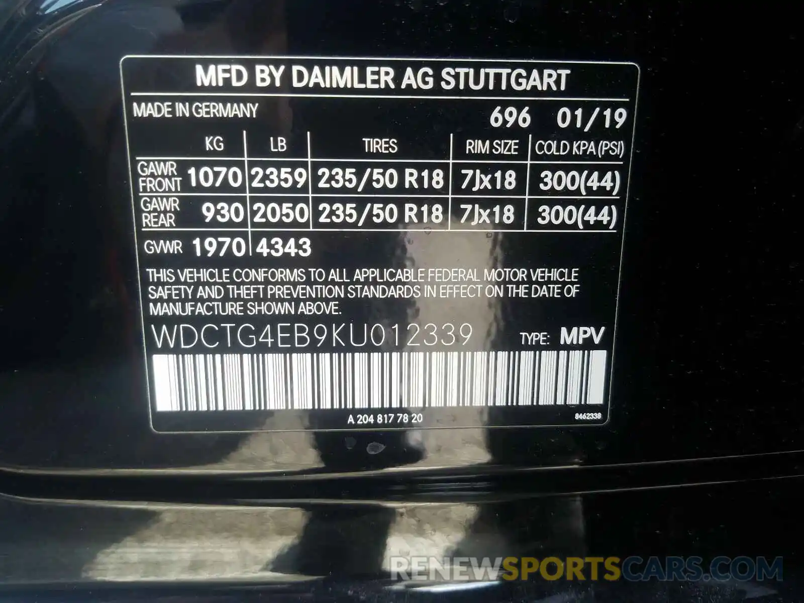 10 Photograph of a damaged car WDCTG4EB9KU012339 MERCEDES-BENZ G CLASS 2019