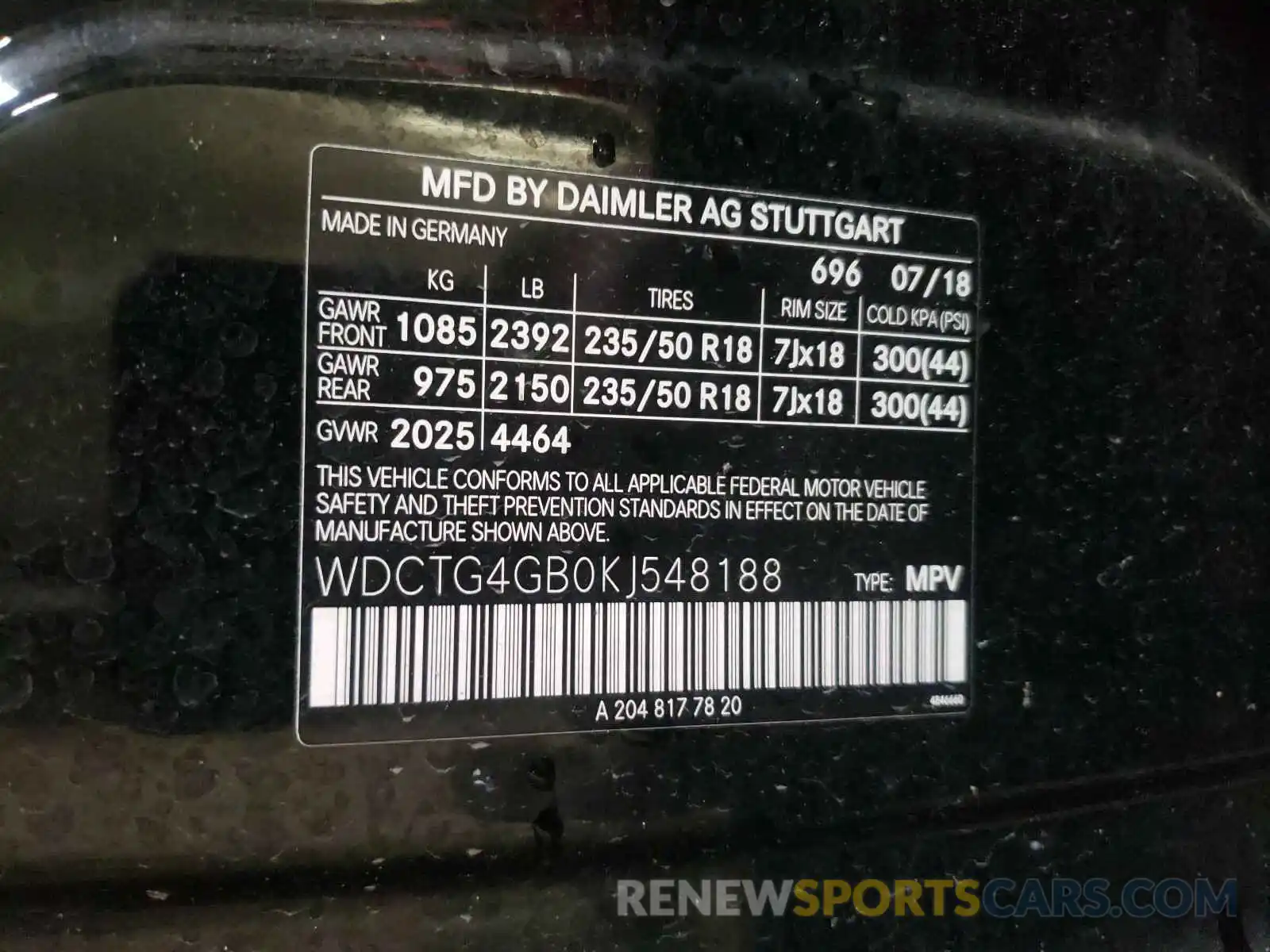 10 Photograph of a damaged car WDCTG4GB0KJ548188 MERCEDES-BENZ G CLASS 2019