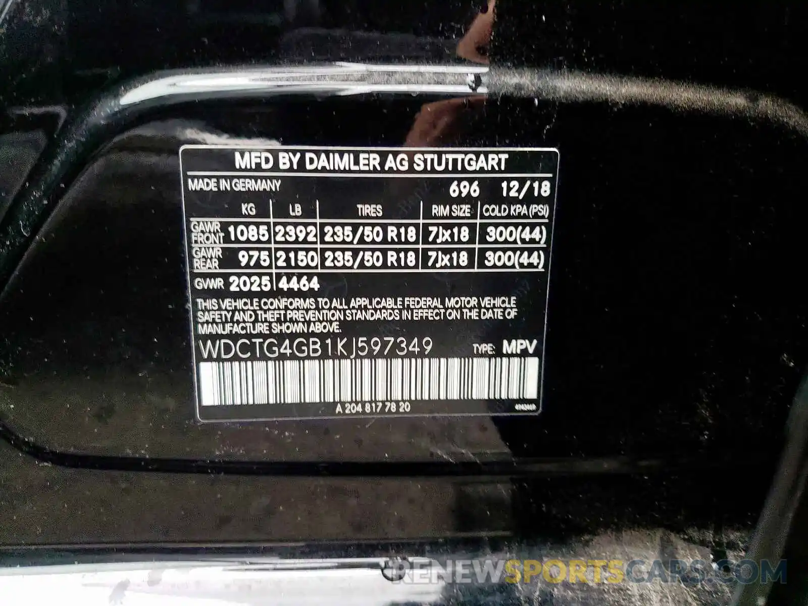 10 Photograph of a damaged car WDCTG4GB1KJ597349 MERCEDES-BENZ G CLASS 2019