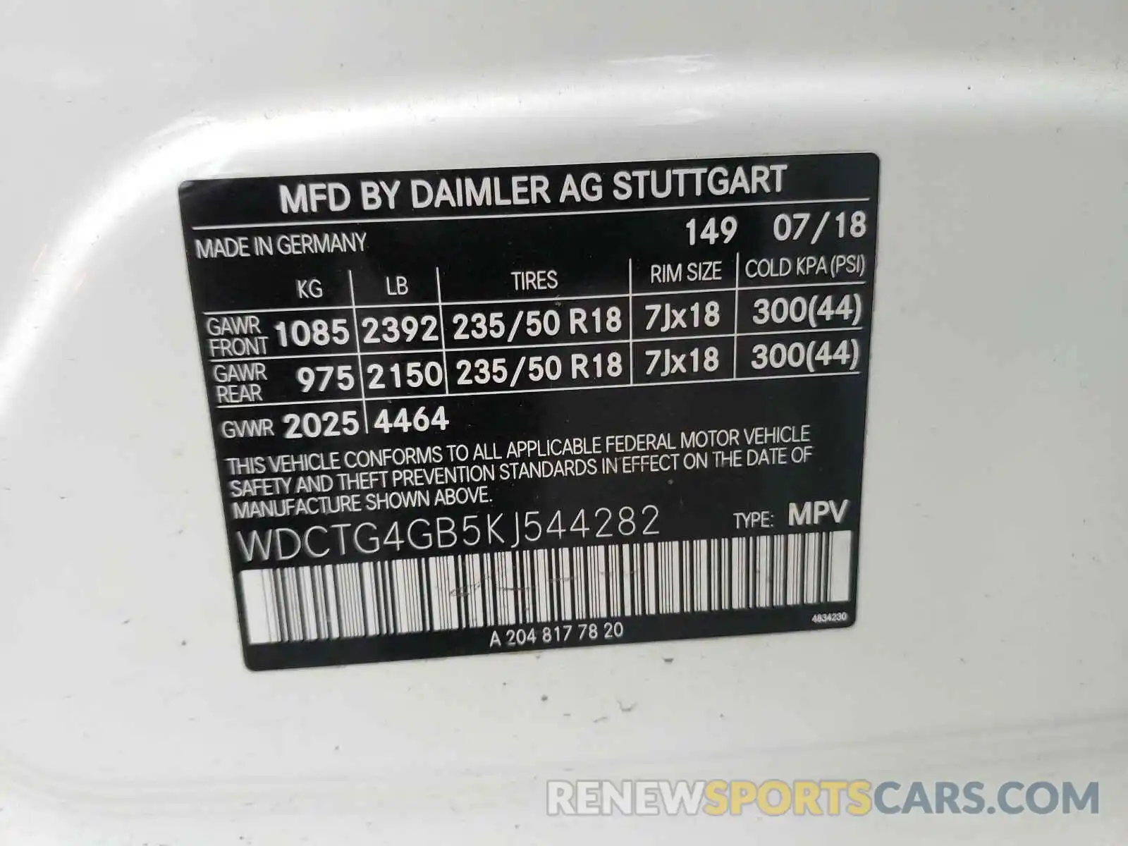 10 Photograph of a damaged car WDCTG4GB5KJ544282 MERCEDES-BENZ G CLASS 2019