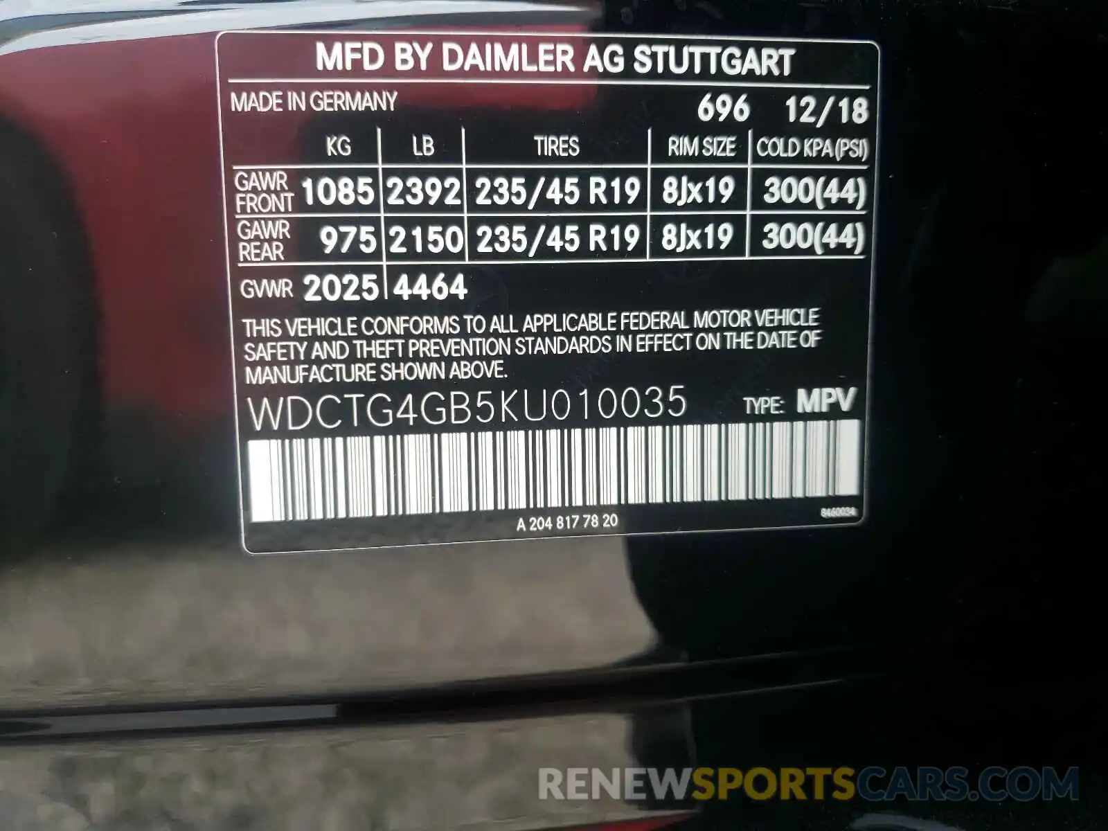 10 Фотография поврежденного автомобиля WDCTG4GB5KU010035 MERCEDES-BENZ G CLASS 2019