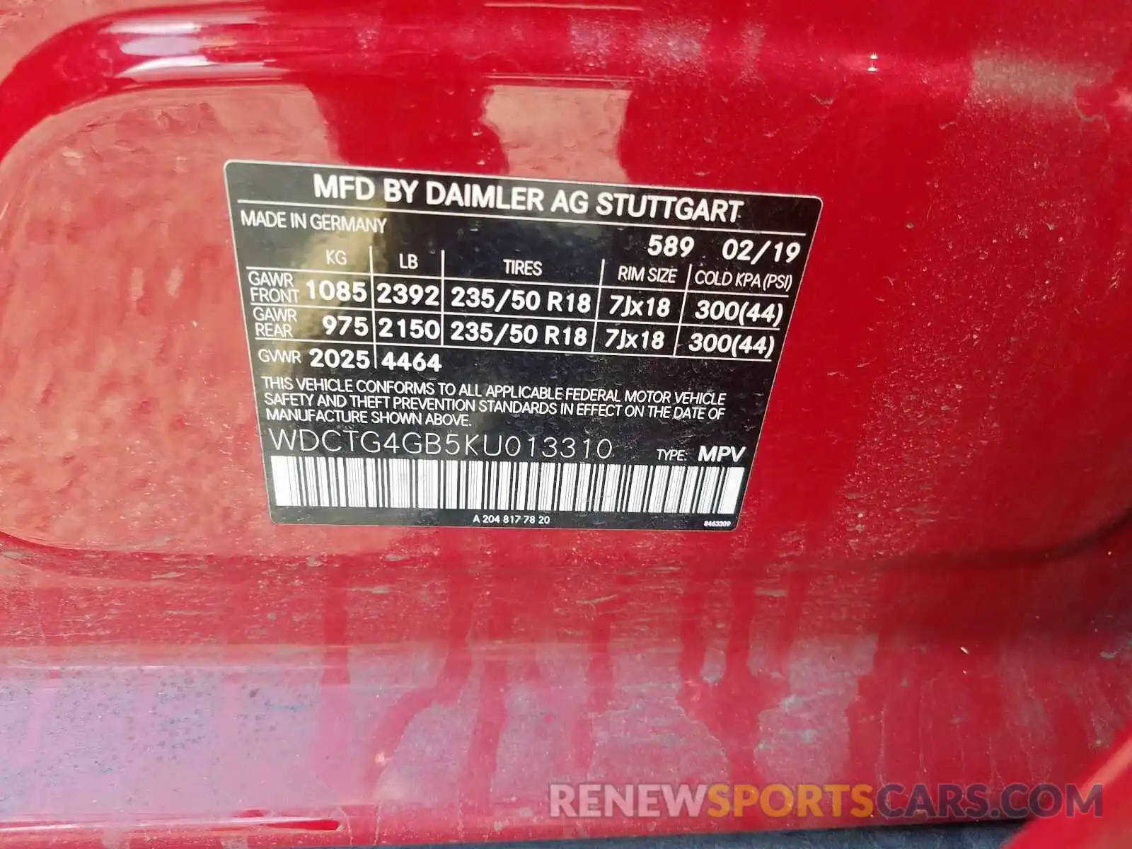 10 Photograph of a damaged car WDCTG4GB5KU013310 MERCEDES-BENZ G CLASS 2019