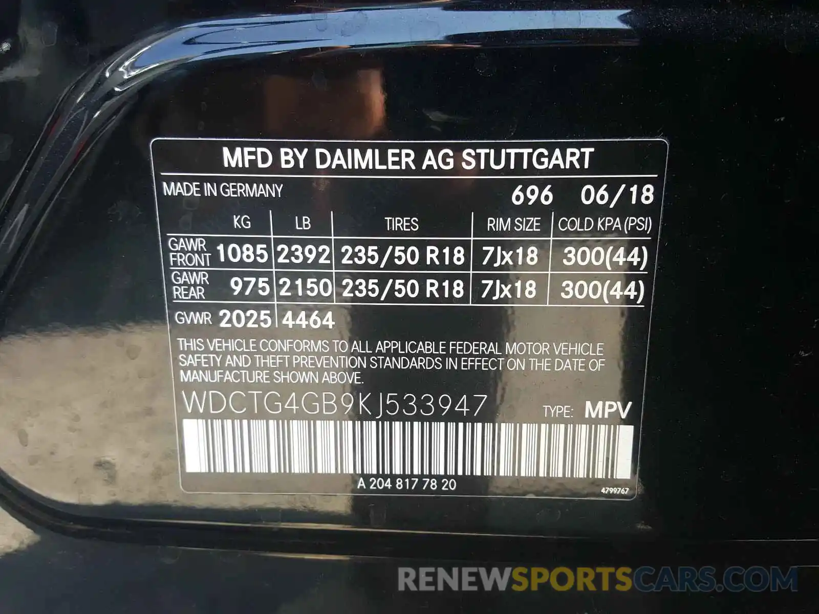 10 Photograph of a damaged car WDCTG4GB9KJ533947 MERCEDES-BENZ G CLASS 2019