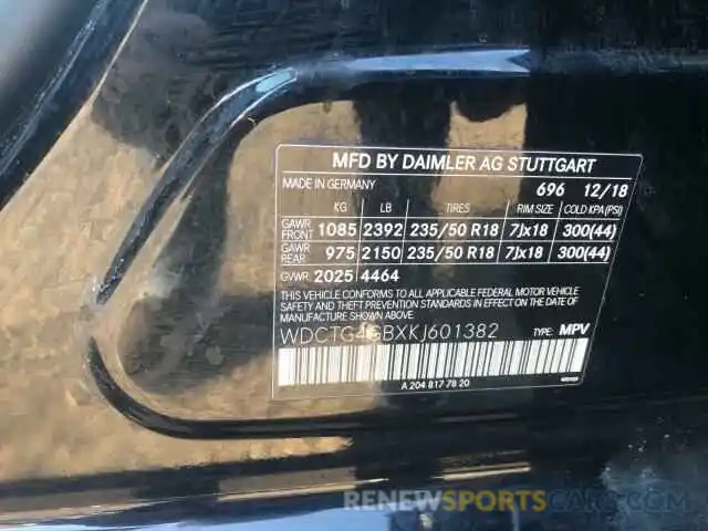 10 Photograph of a damaged car WDCTG4GBXKJ601382 MERCEDES-BENZ G CLASS 2019