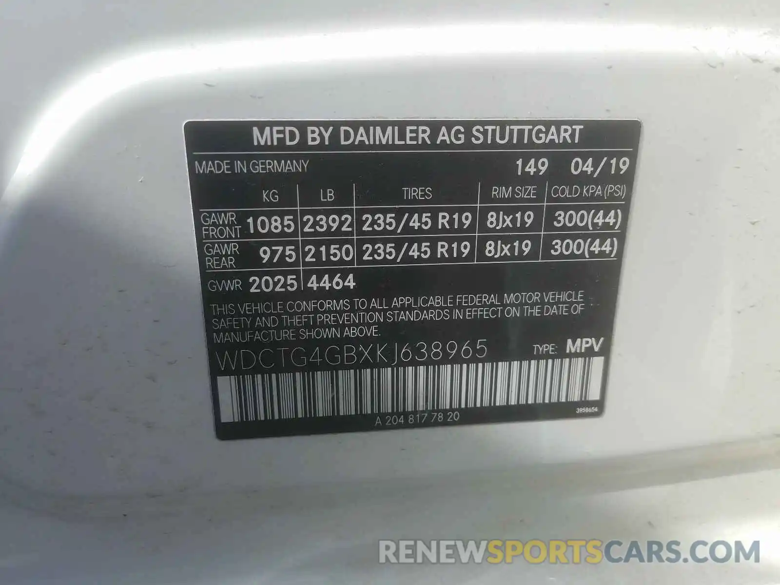 10 Photograph of a damaged car WDCTG4GBXKJ638965 MERCEDES-BENZ G CLASS 2019