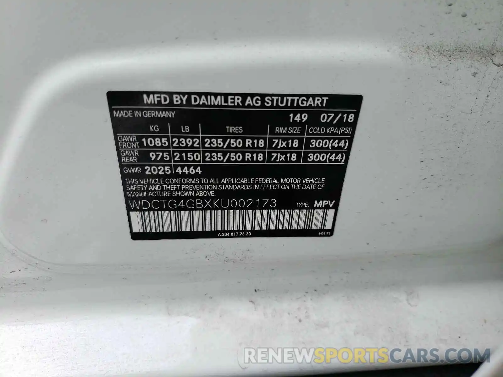 10 Photograph of a damaged car WDCTG4GBXKU002173 MERCEDES-BENZ G CLASS 2019