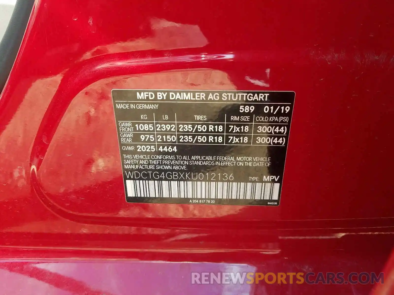 10 Photograph of a damaged car WDCTG4GBXKU012136 MERCEDES-BENZ G CLASS 2019