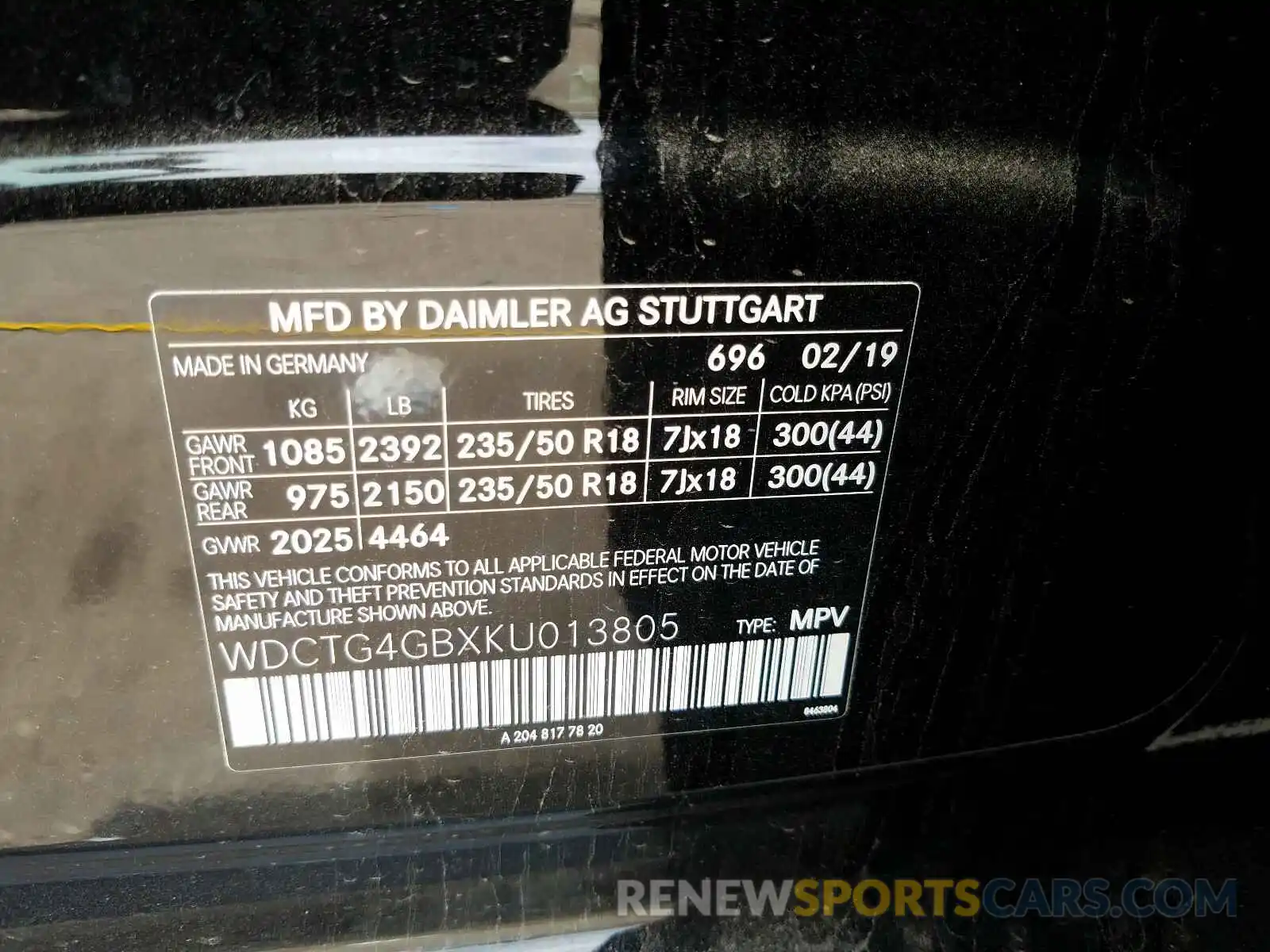 10 Photograph of a damaged car WDCTG4GBXKU013805 MERCEDES-BENZ G CLASS 2019