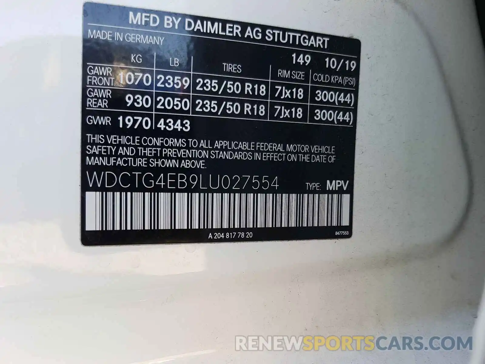 10 Фотография поврежденного автомобиля WDCTG4EB9LU027554 MERCEDES-BENZ G CLASS 2020