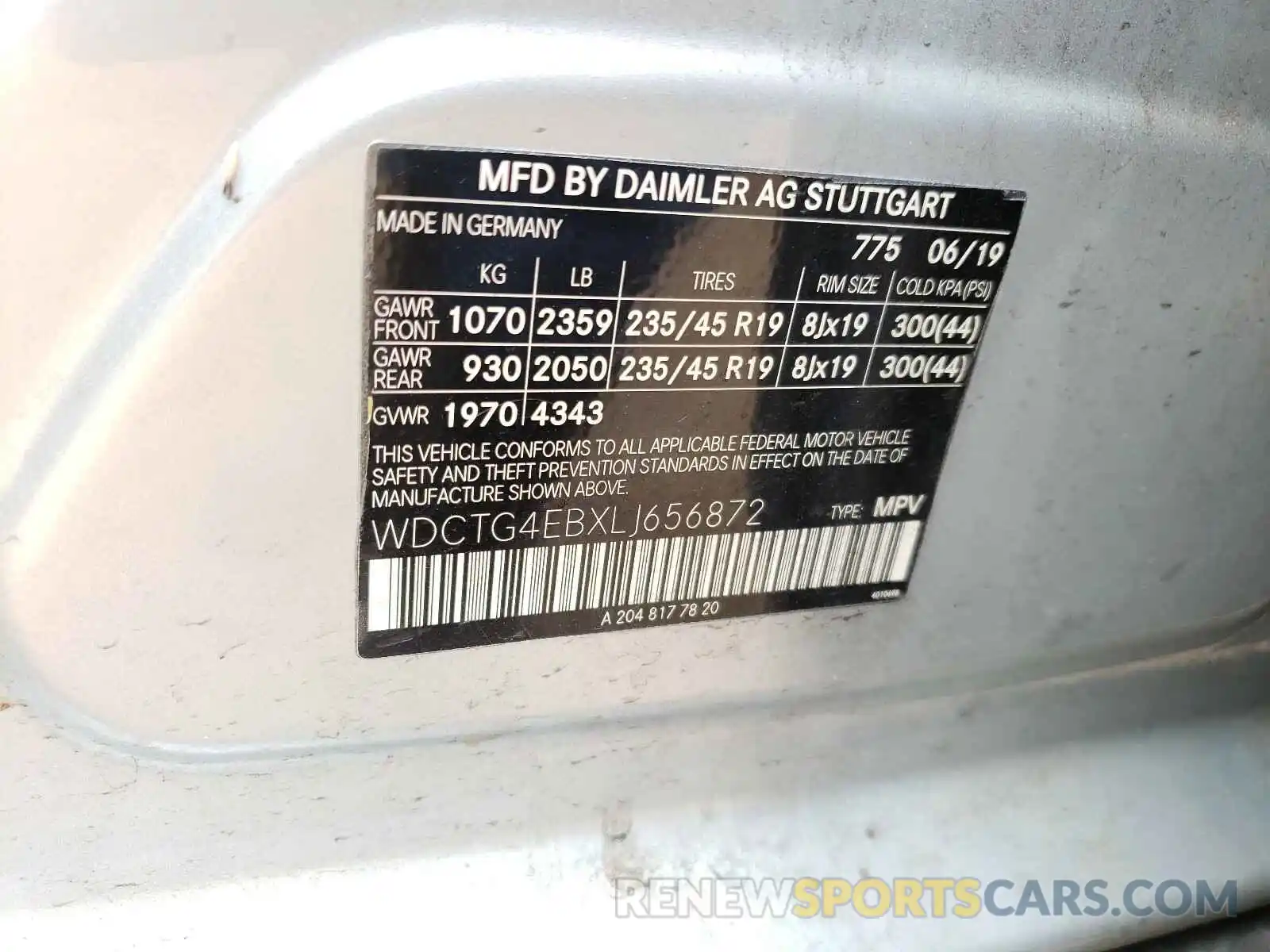 10 Photograph of a damaged car WDCTG4EBXLJ656872 MERCEDES-BENZ G CLASS 2020