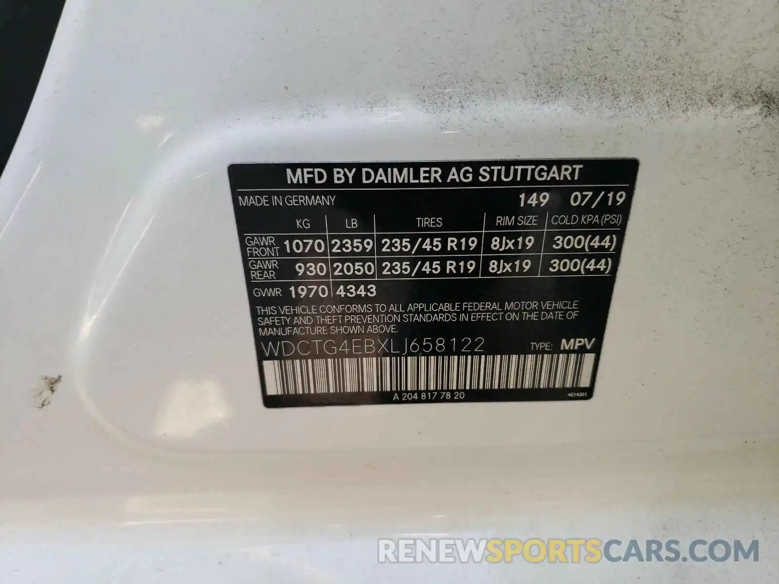 10 Photograph of a damaged car WDCTG4EBXLJ658122 MERCEDES-BENZ G CLASS 2020