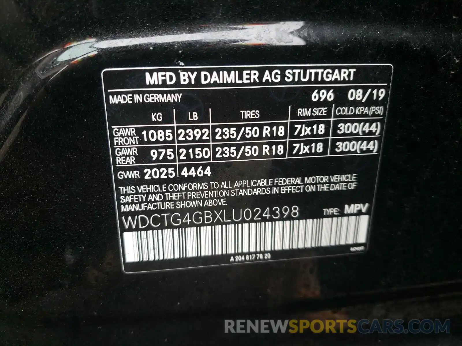 10 Photograph of a damaged car WDCTG4GBXLU024398 MERCEDES-BENZ G CLASS 2020