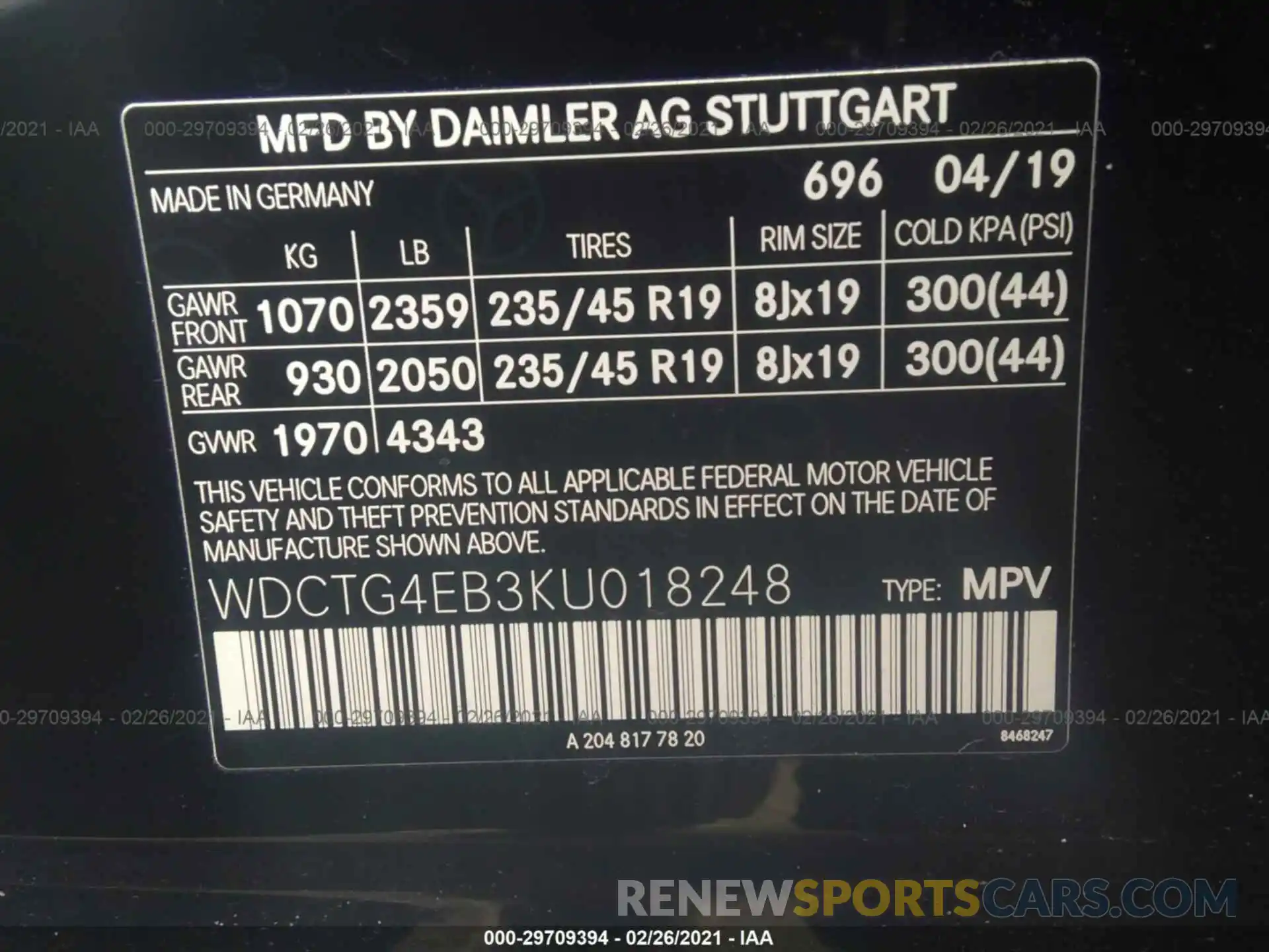 9 Фотография поврежденного автомобиля WDCTG4EB3KU018248 MERCEDES-BENZ GLA 2019