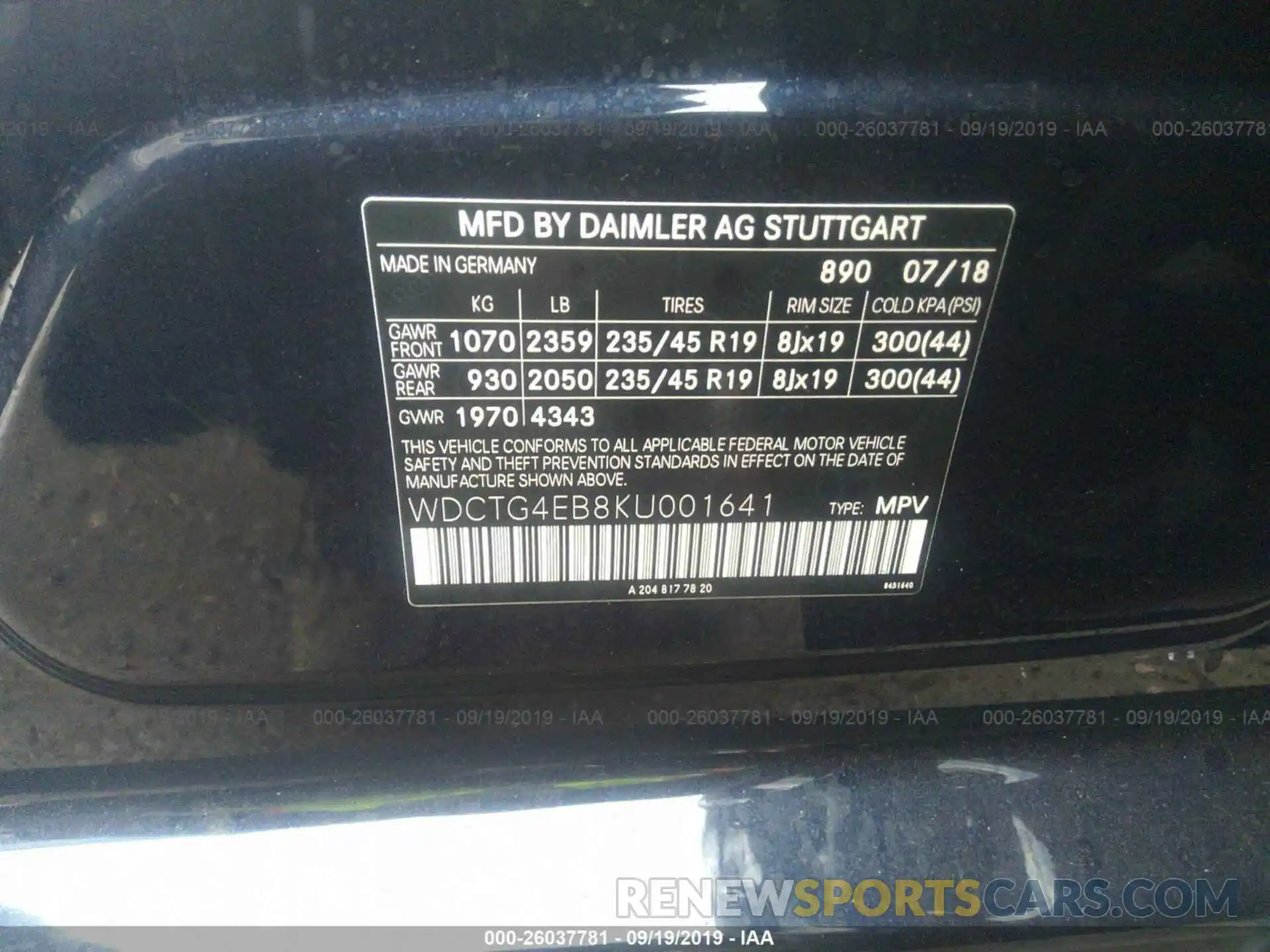 9 Фотография поврежденного автомобиля WDCTG4EB8KU001641 MERCEDES-BENZ GLA 2019