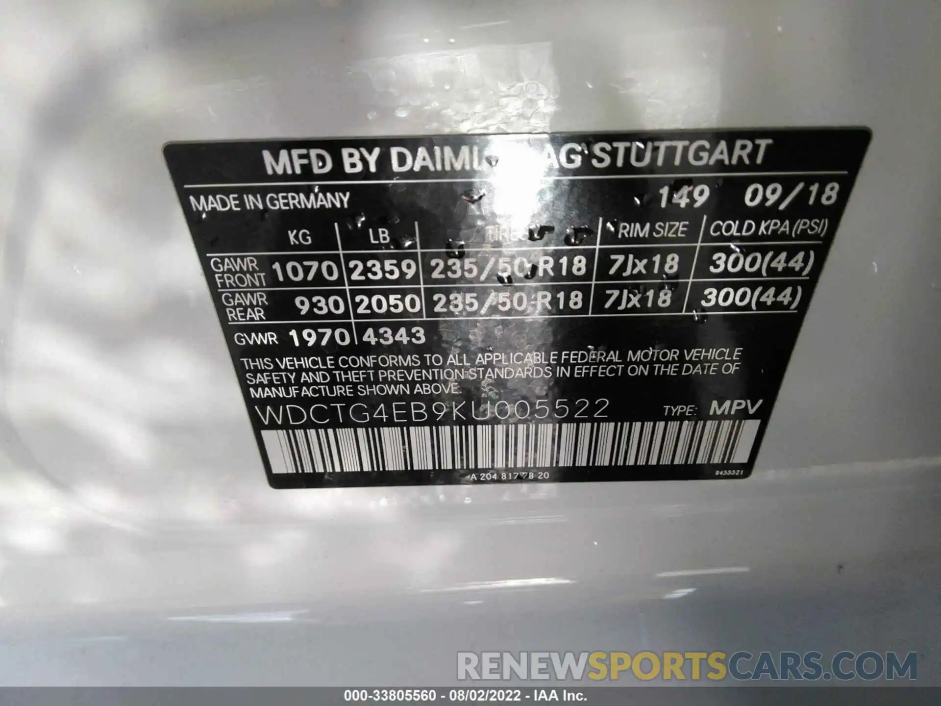 9 Photograph of a damaged car WDCTG4EB9KU005522 MERCEDES-BENZ GLA 2019