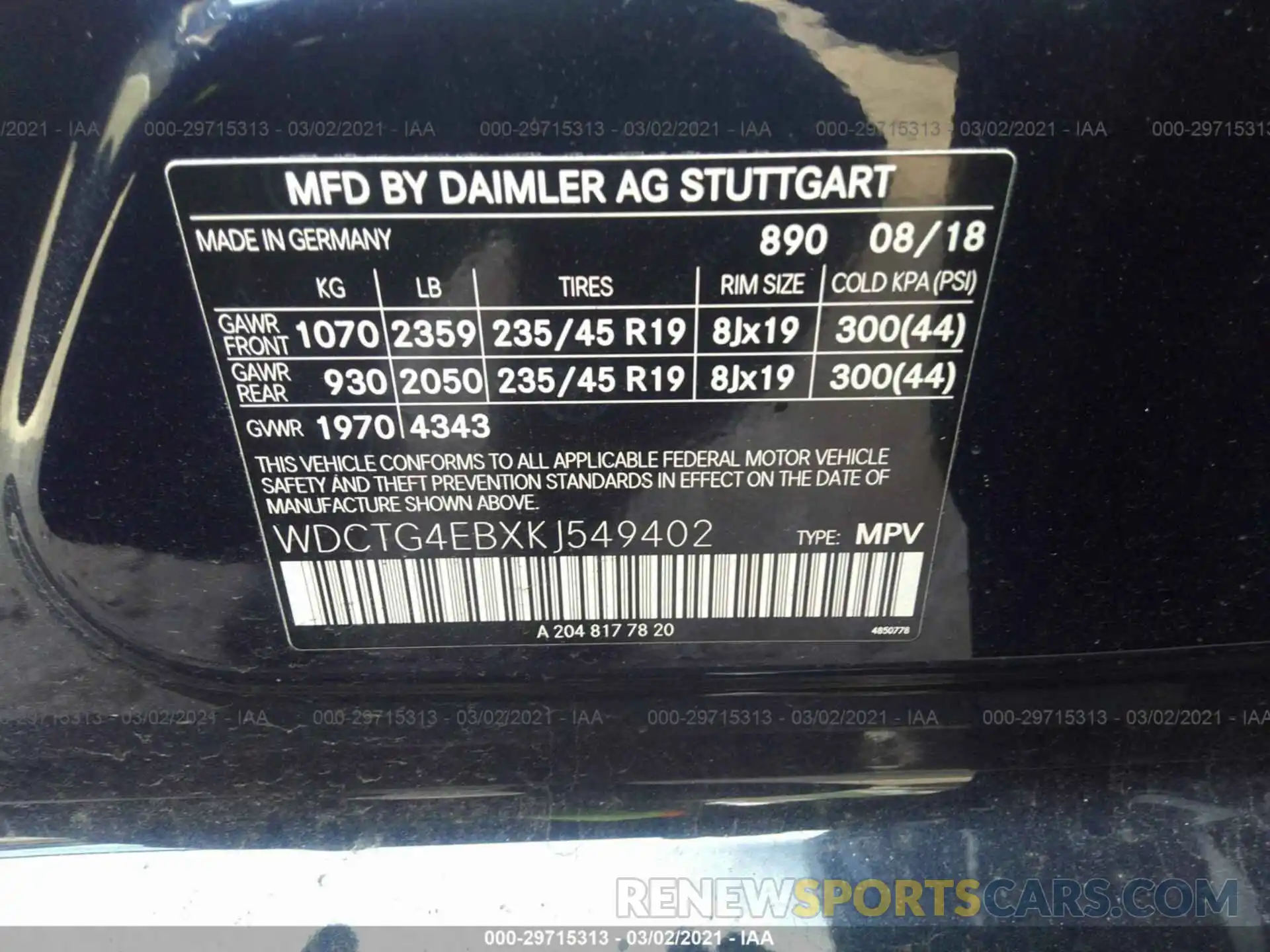 9 Фотография поврежденного автомобиля WDCTG4EBXKJ549402 MERCEDES-BENZ GLA 2019