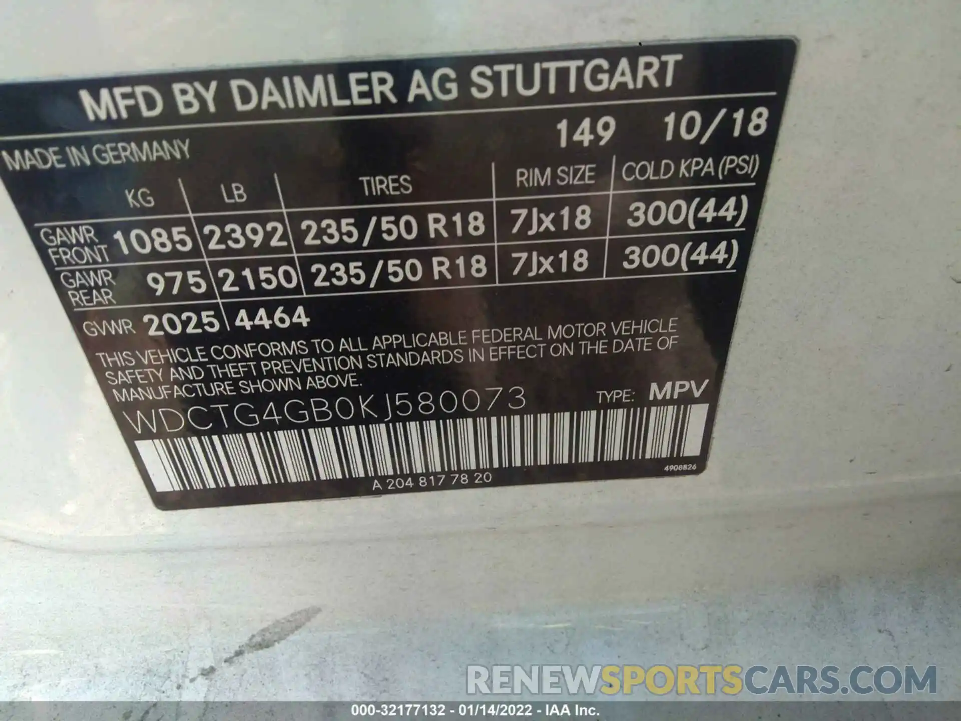 9 Фотография поврежденного автомобиля WDCTG4GB0KJ580073 MERCEDES-BENZ GLA 2019