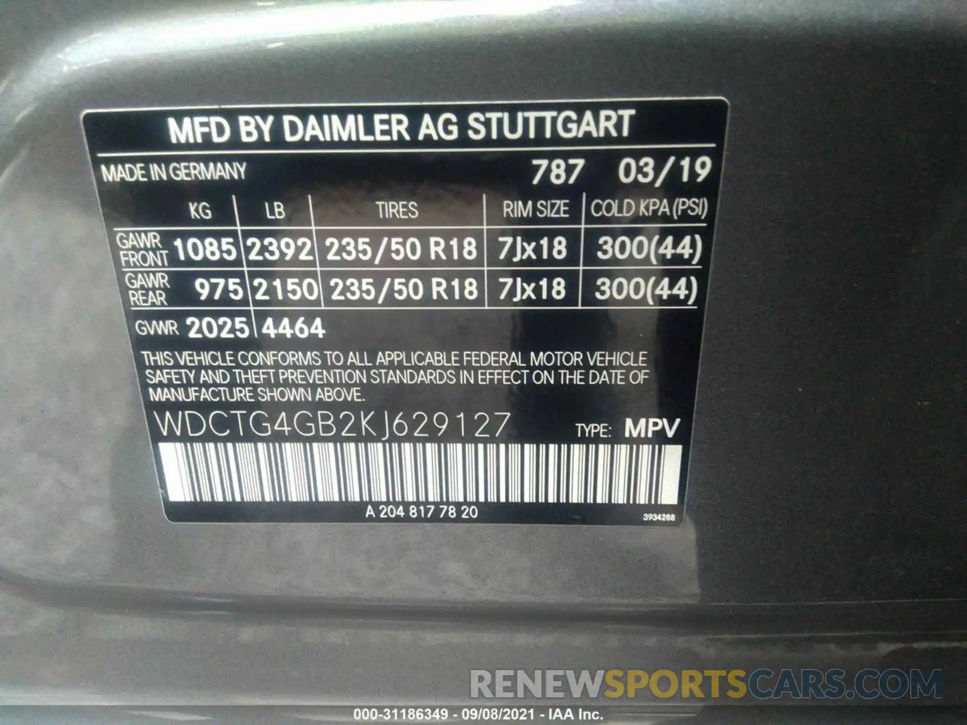 9 Фотография поврежденного автомобиля WDCTG4GB2KJ629127 MERCEDES-BENZ GLA 2019