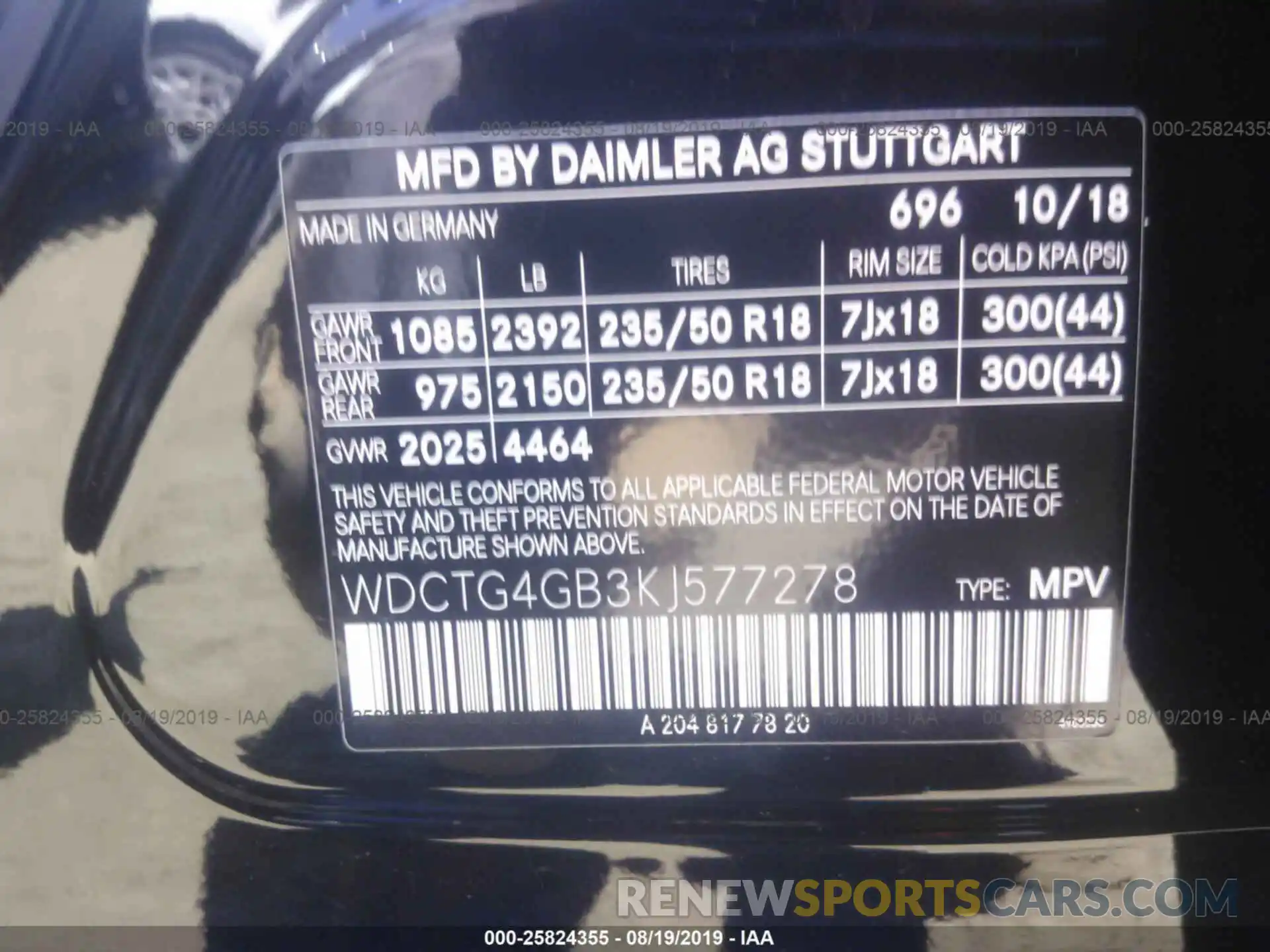 9 Фотография поврежденного автомобиля WDCTG4GB3KJ577278 MERCEDES-BENZ GLA 2019