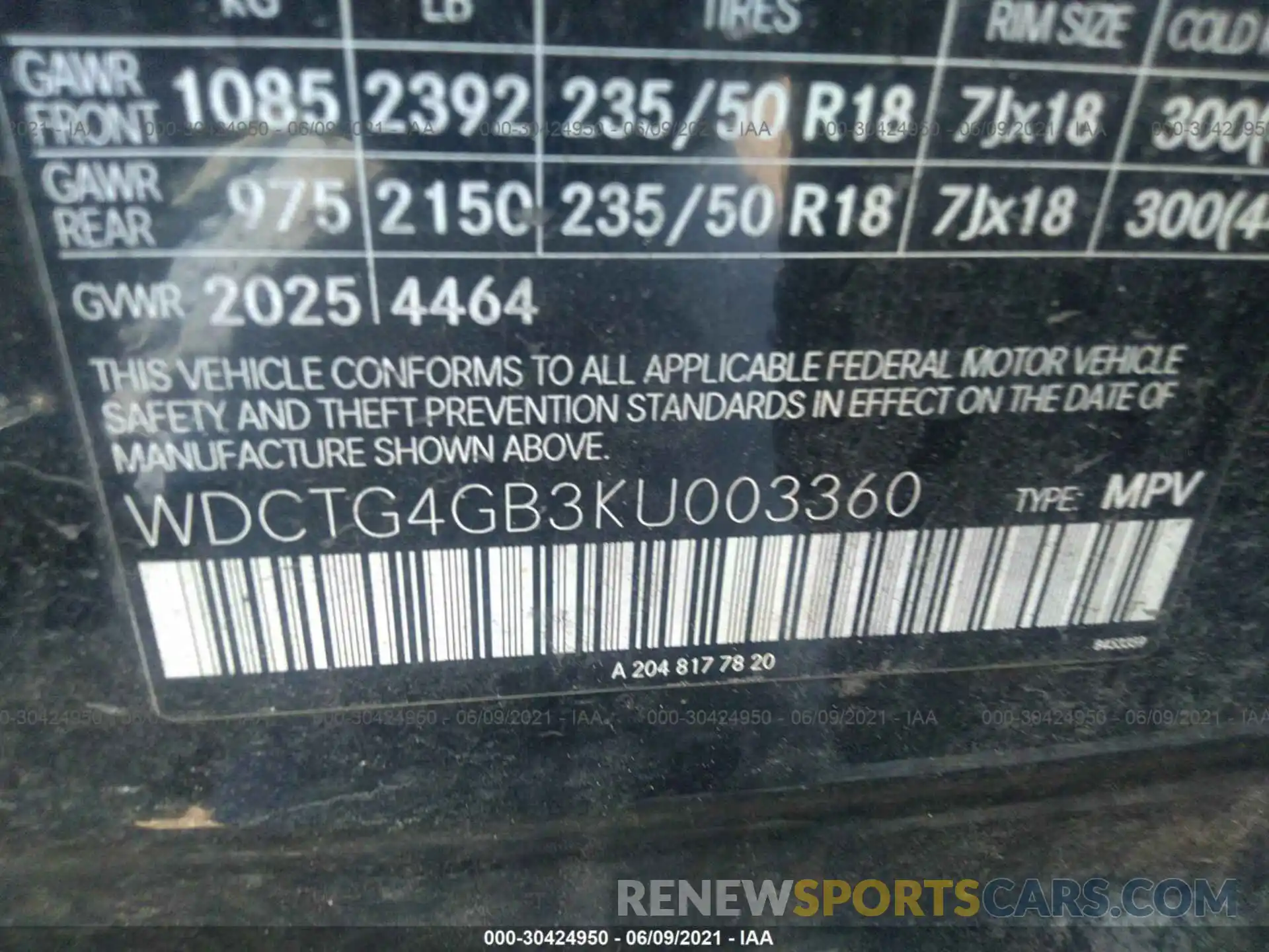 9 Фотография поврежденного автомобиля WDCTG4GB3KU003360 MERCEDES-BENZ GLA 2019