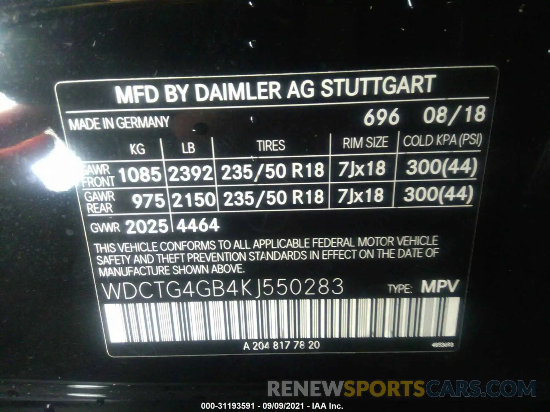 9 Фотография поврежденного автомобиля WDCTG4GB4KJ550283 MERCEDES-BENZ GLA 2019